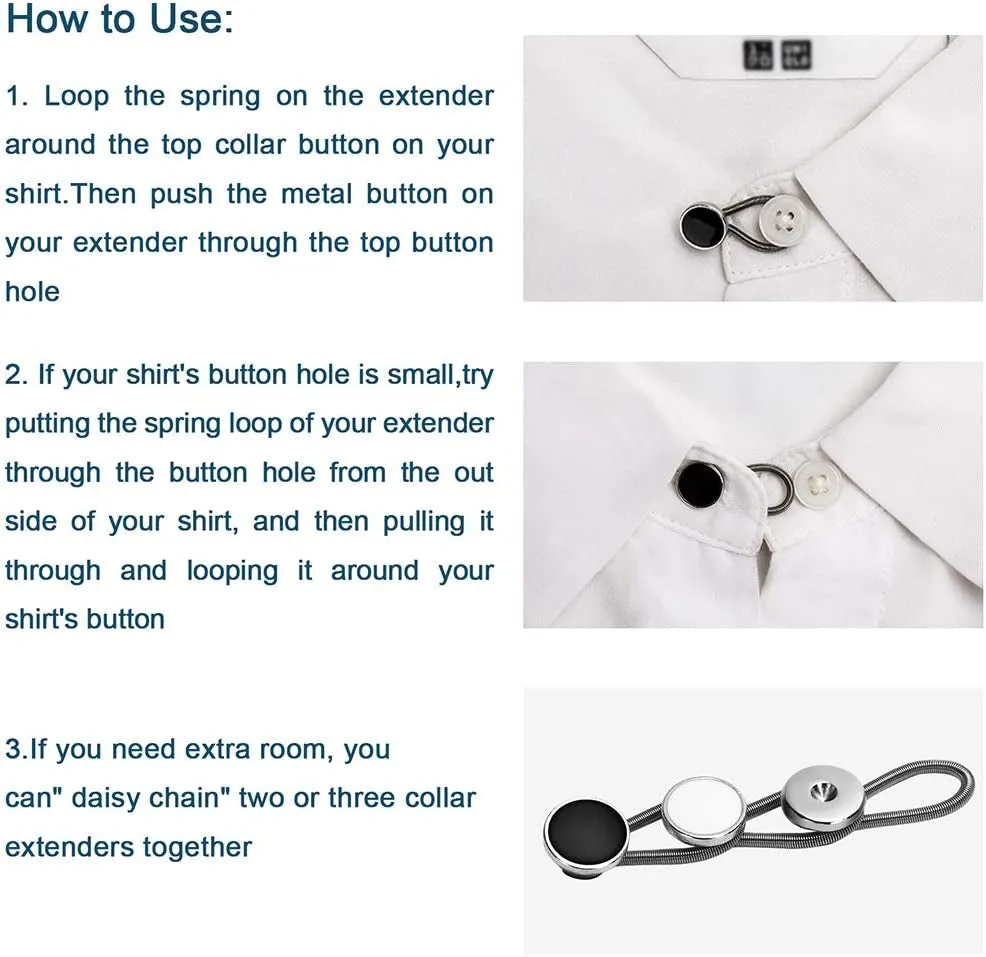 12Pcs, Collar Extenders, Comfy & Premium Invisible Neck Extender, Adds 1 in Instantly, Button Extenders for Mens Dress Shirts Suits Trouser, Coat, Shirts (Black, White, Silver)