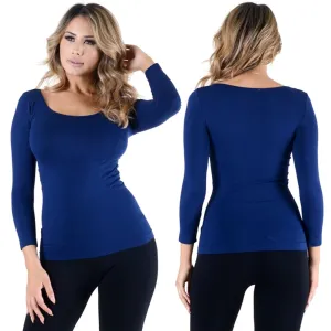 2pc Women Seamless Long Sleeve Shirt Scoop Neck Tunic Basic Layer One Size Navy