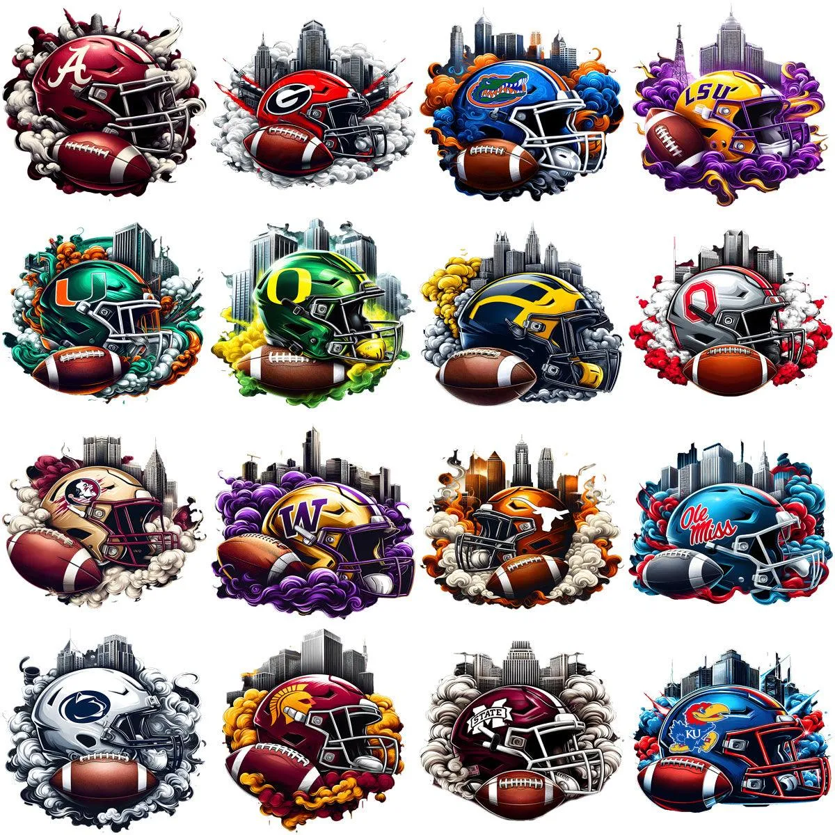 60 College Football NCAA Teams HELMET SMOKES Designs Bundle PNG