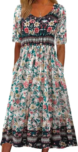 Akivide Women's Boho Summer Crewneck Floral Print Midi Tshirt Dress Casual Loose Short Sleeve Beach Dresses with Pockets
