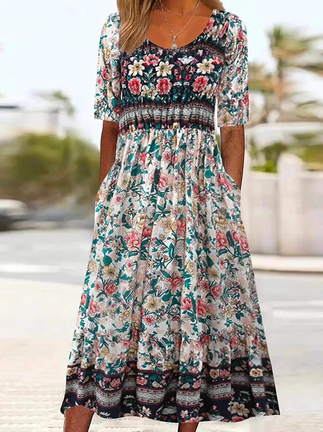 Akivide Women's Boho Summer Crewneck Floral Print Midi Tshirt Dress Casual Loose Short Sleeve Beach Dresses with Pockets