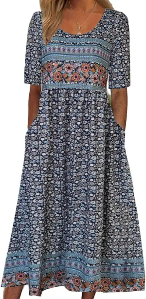 Akivide Women's Boho Summer Crewneck Floral Print Midi Tshirt Dress Casual Loose Short Sleeve Beach Dresses with Pockets