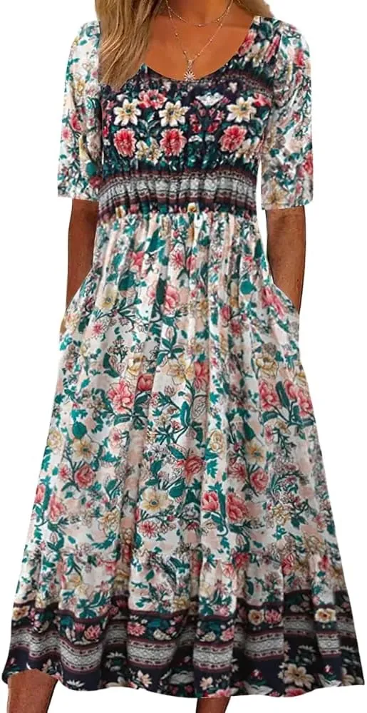 Akivide Women's Boho Summer Crewneck Floral Print Midi Tshirt Dress Casual Loose Short Sleeve Beach Dresses with Pockets
