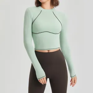 Autumn Winter Workout Clothes Women Long Sleeved Mousse Tight Training Sports Top Women Contrast Color Running Yoga Clothes