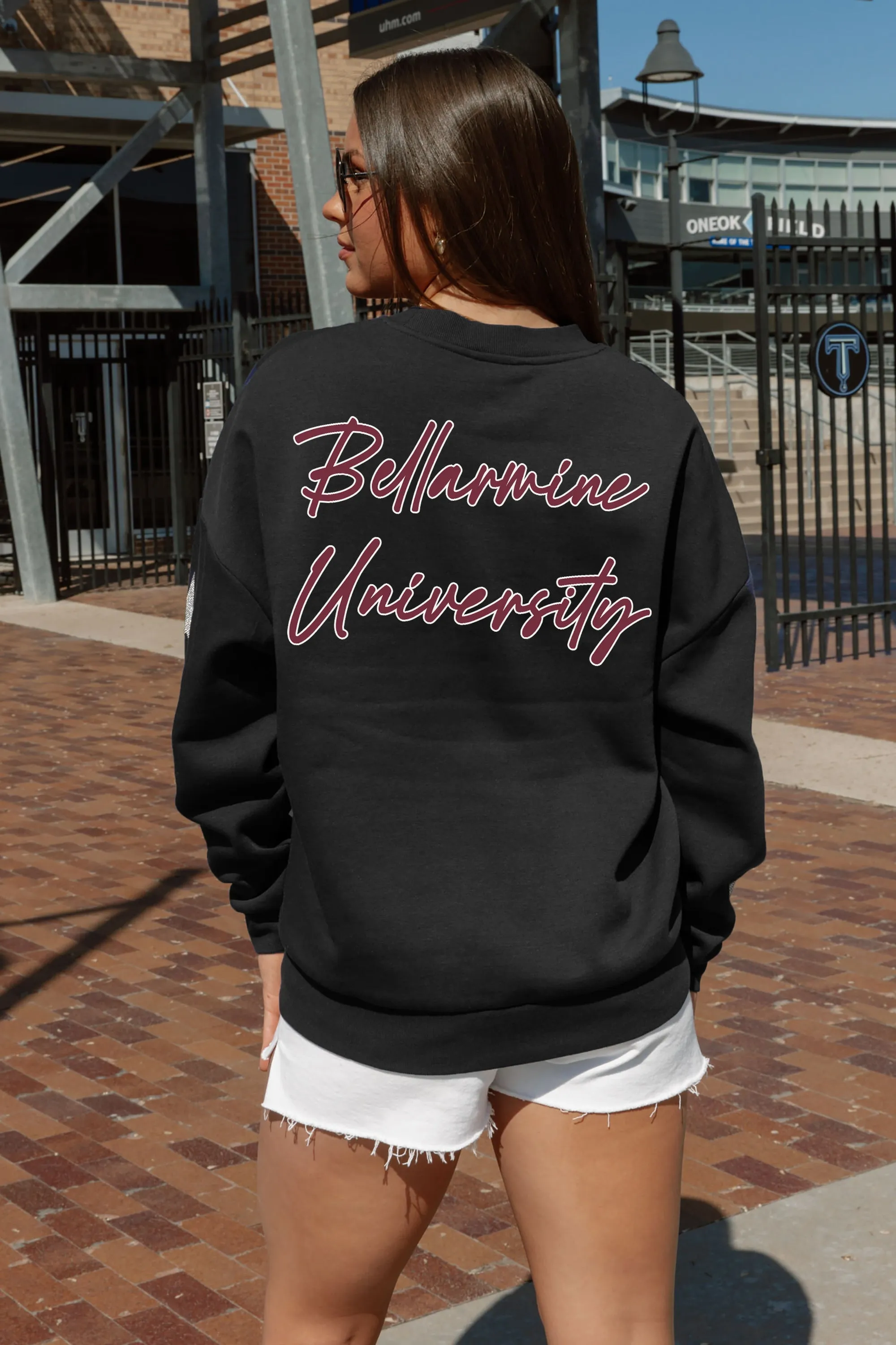 BELLARMINE KNIGHTS DEDICATION EMBELLISHED STAR SLEEVE CREWNECK PULLOVER