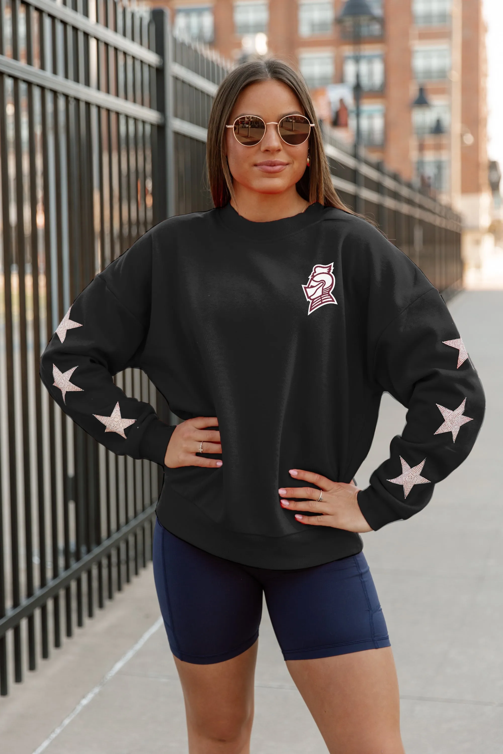 BELLARMINE KNIGHTS DEDICATION EMBELLISHED STAR SLEEVE CREWNECK PULLOVER