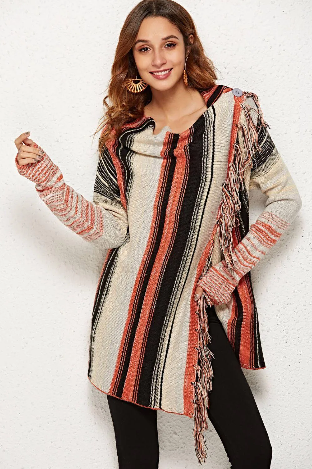 Block The Cold Tassel Detail One-Button Striped Cardigan