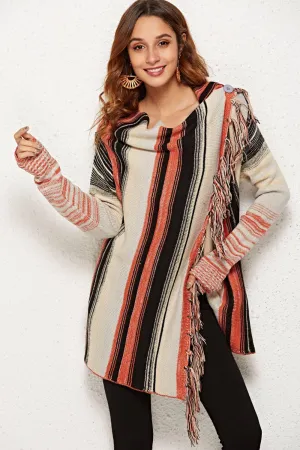 Block The Cold Tassel Detail One-Button Striped Cardigan