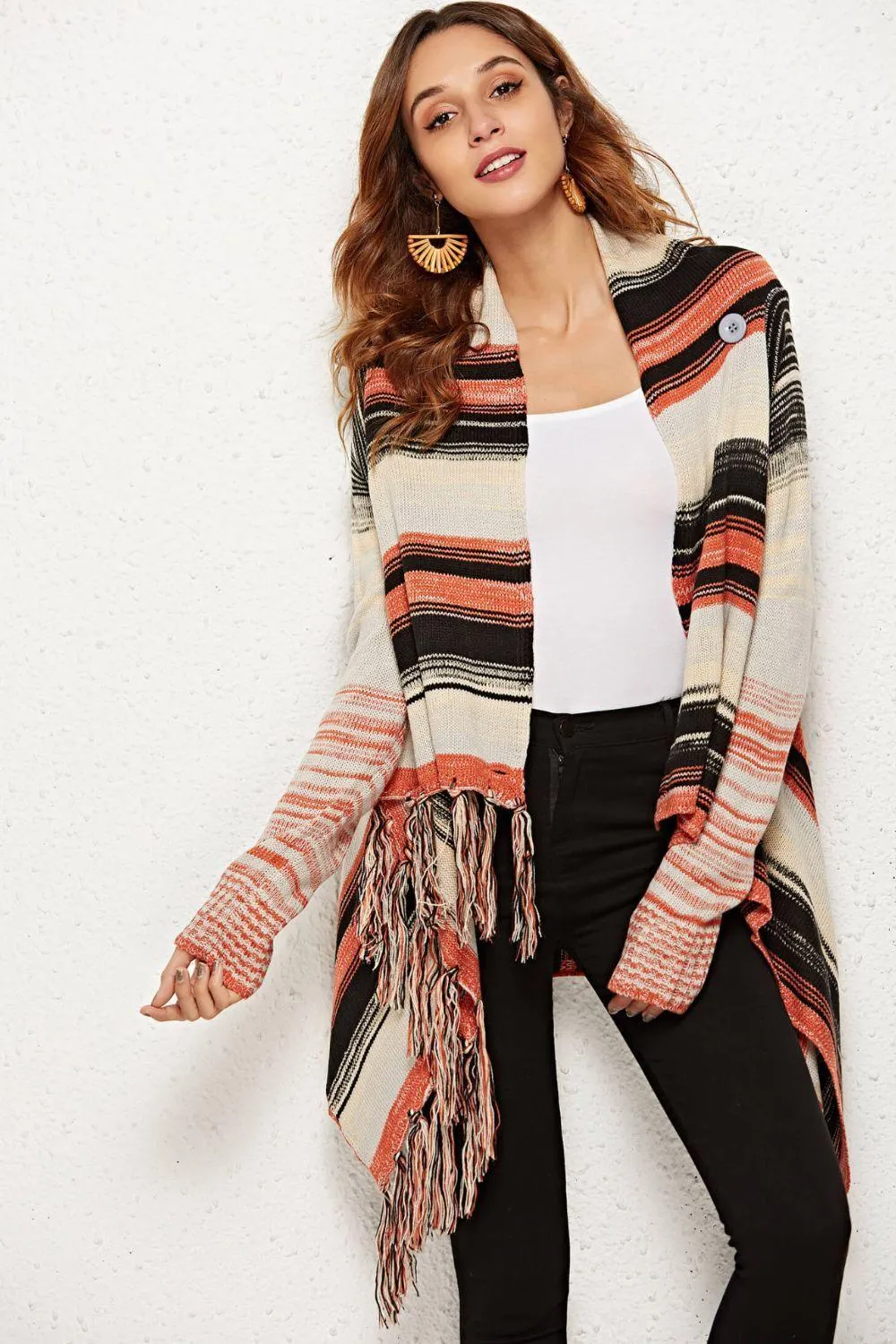 Block The Cold Tassel Detail One-Button Striped Cardigan