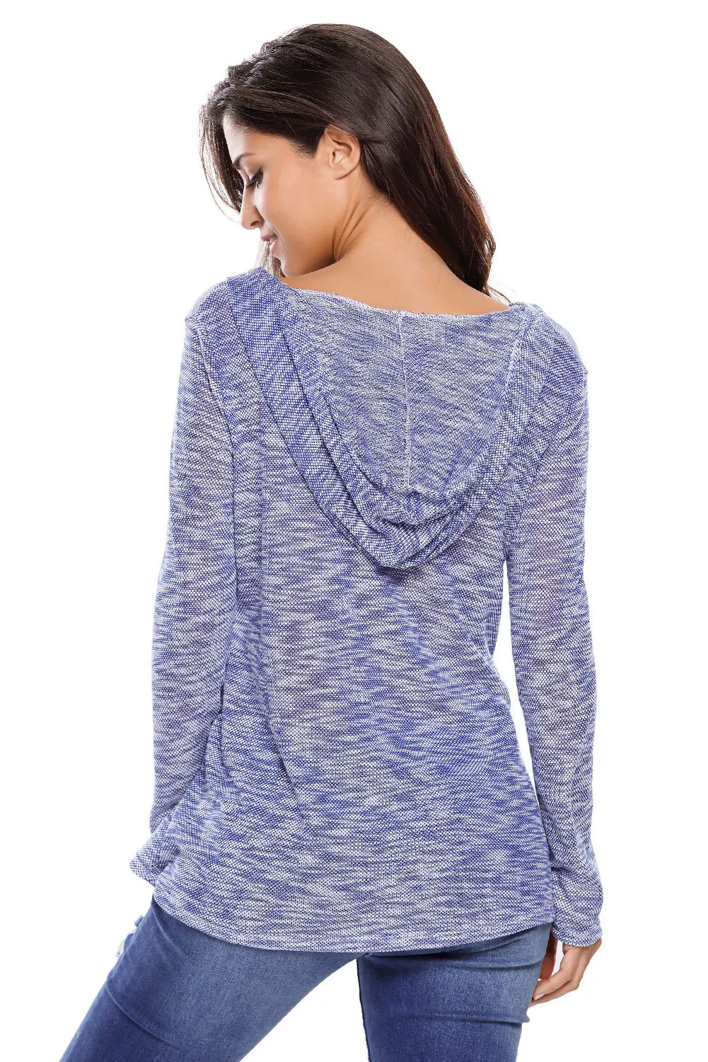 Blue Hooded V-Neck Long Sleeve Loose Knitted Top