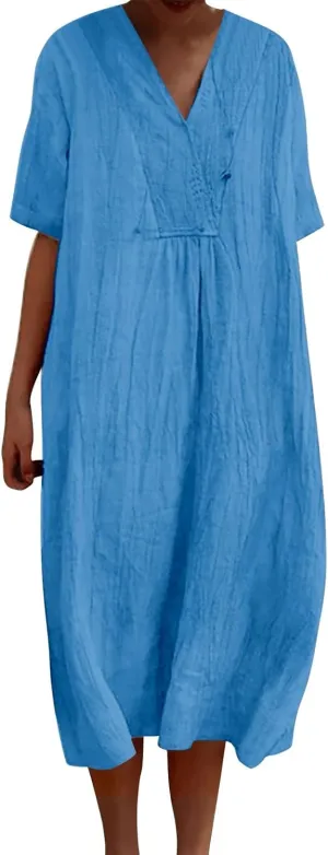 Boho Dresses for Women 2024 Linen Vintage Solid Midi Dress with Pockets V Neck Loose Casual Flowy Summer Beach Dress