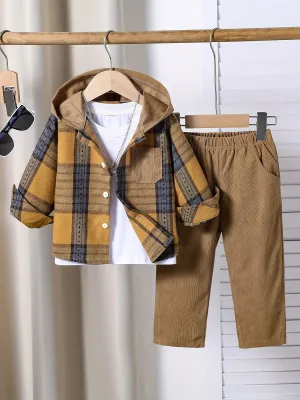 Boys' Stylish Plaid Hooded Shirt & Pants Set