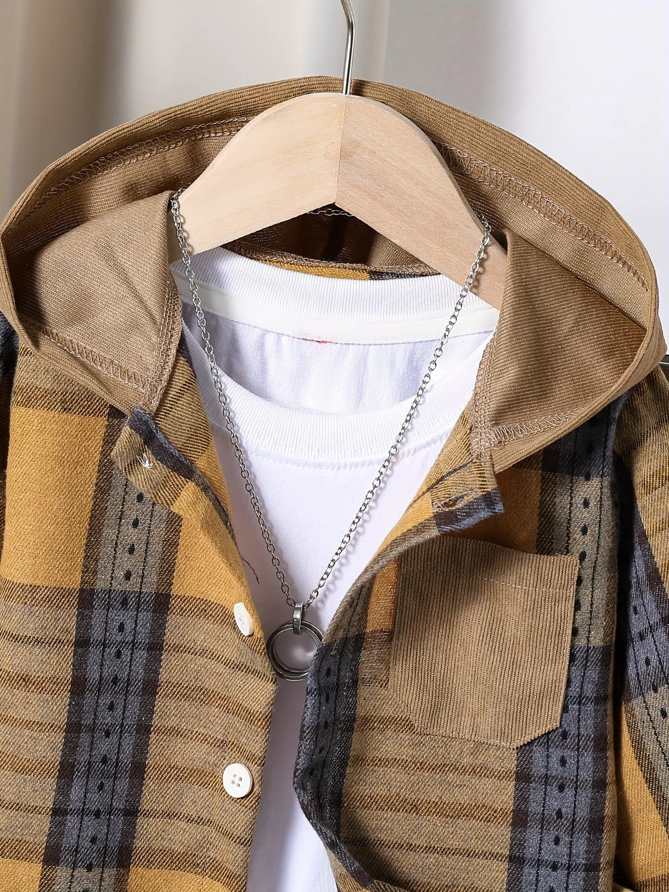 Boys' Stylish Plaid Hooded Shirt & Pants Set