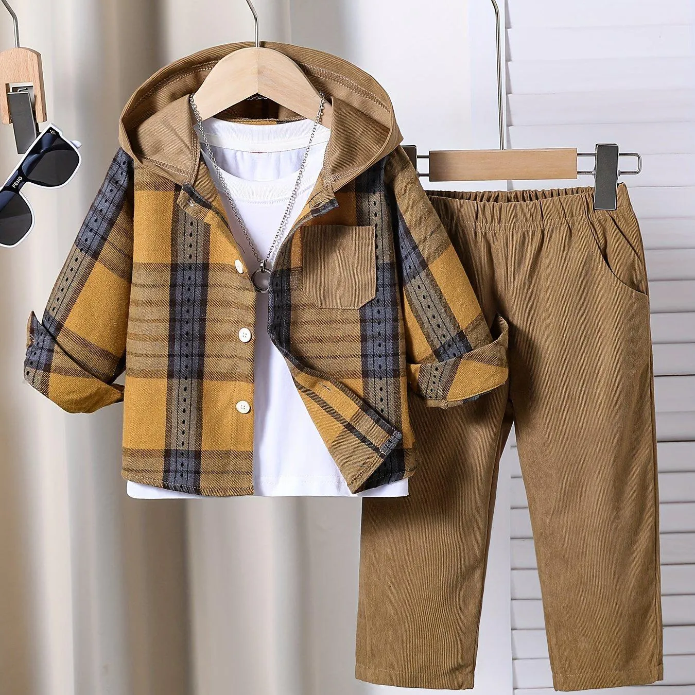 Boys' Stylish Plaid Hooded Shirt & Pants Set