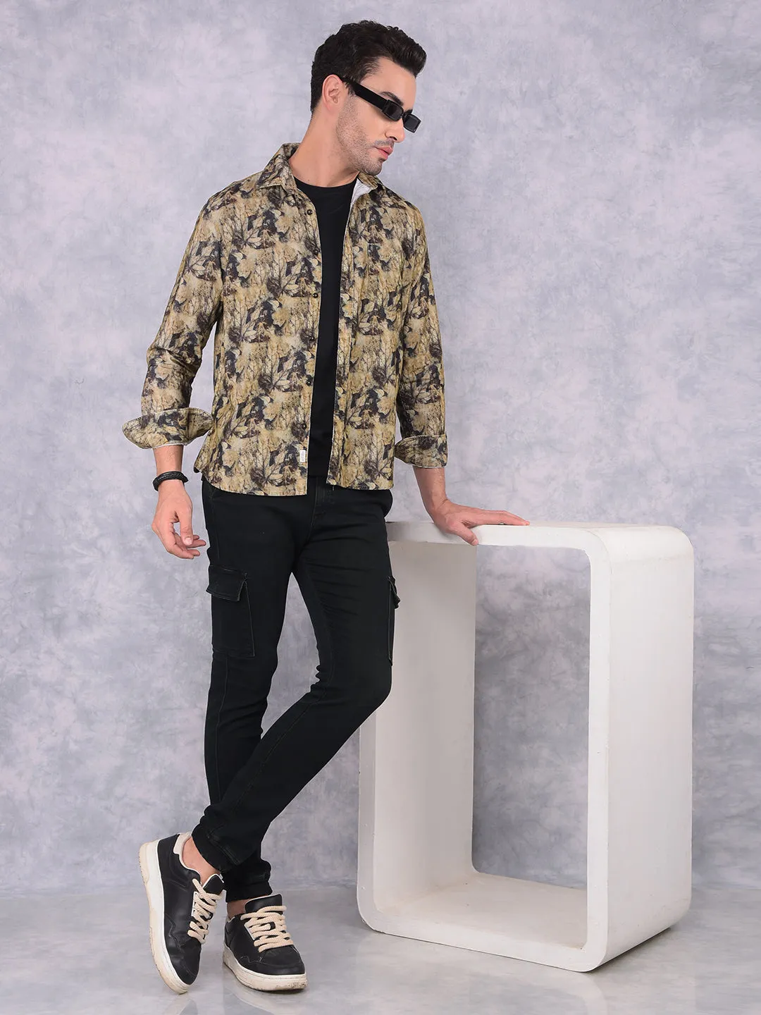 Brown Floral Print 100% Cotton Corduroy Shirt