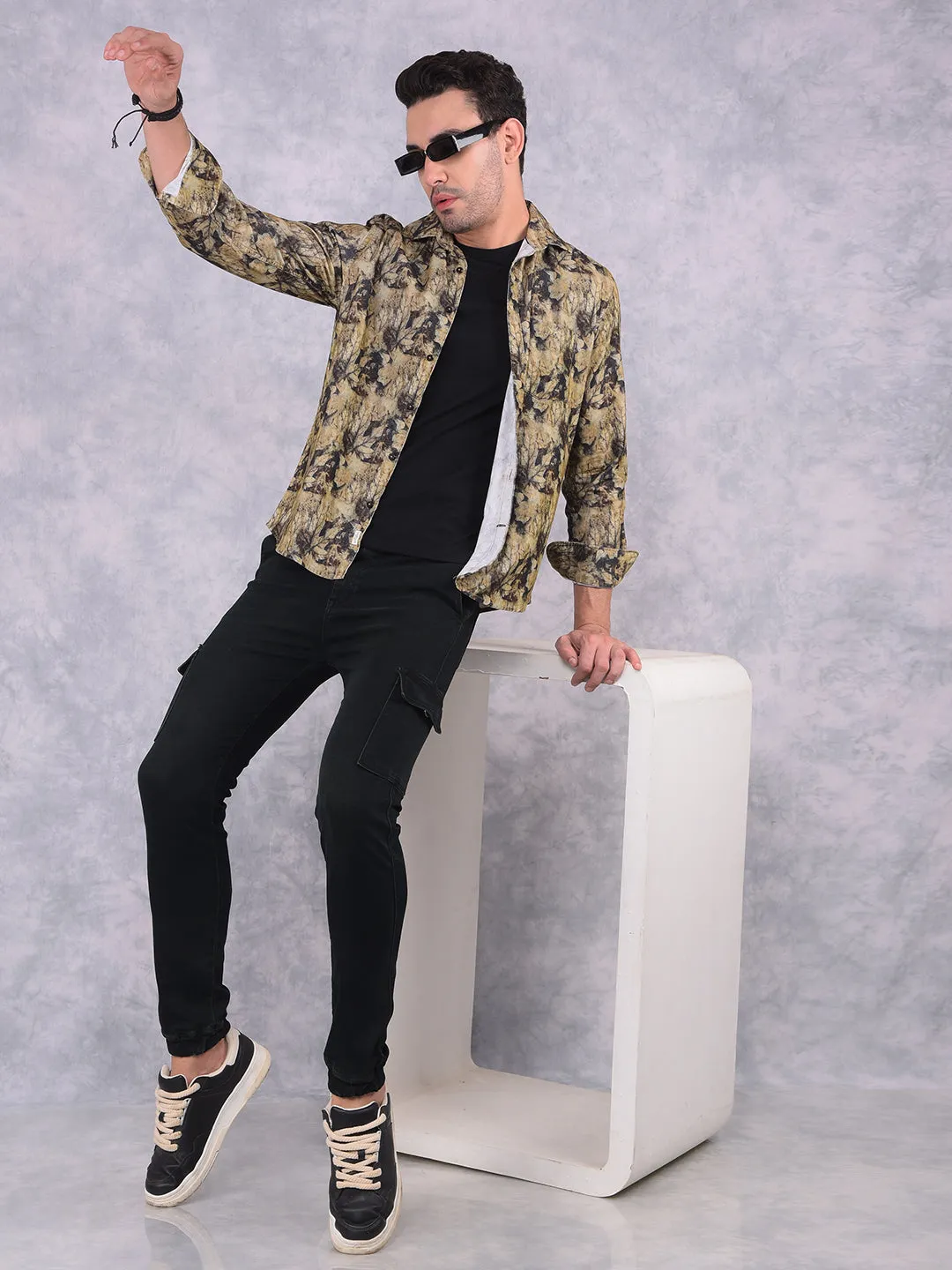 Brown Floral Print 100% Cotton Corduroy Shirt