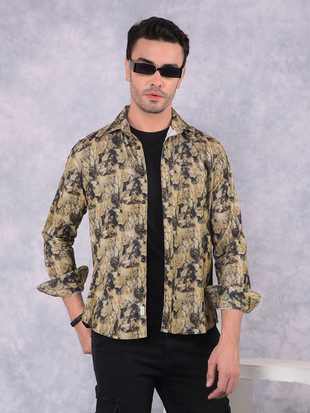 Brown Floral Print 100% Cotton Corduroy Shirt