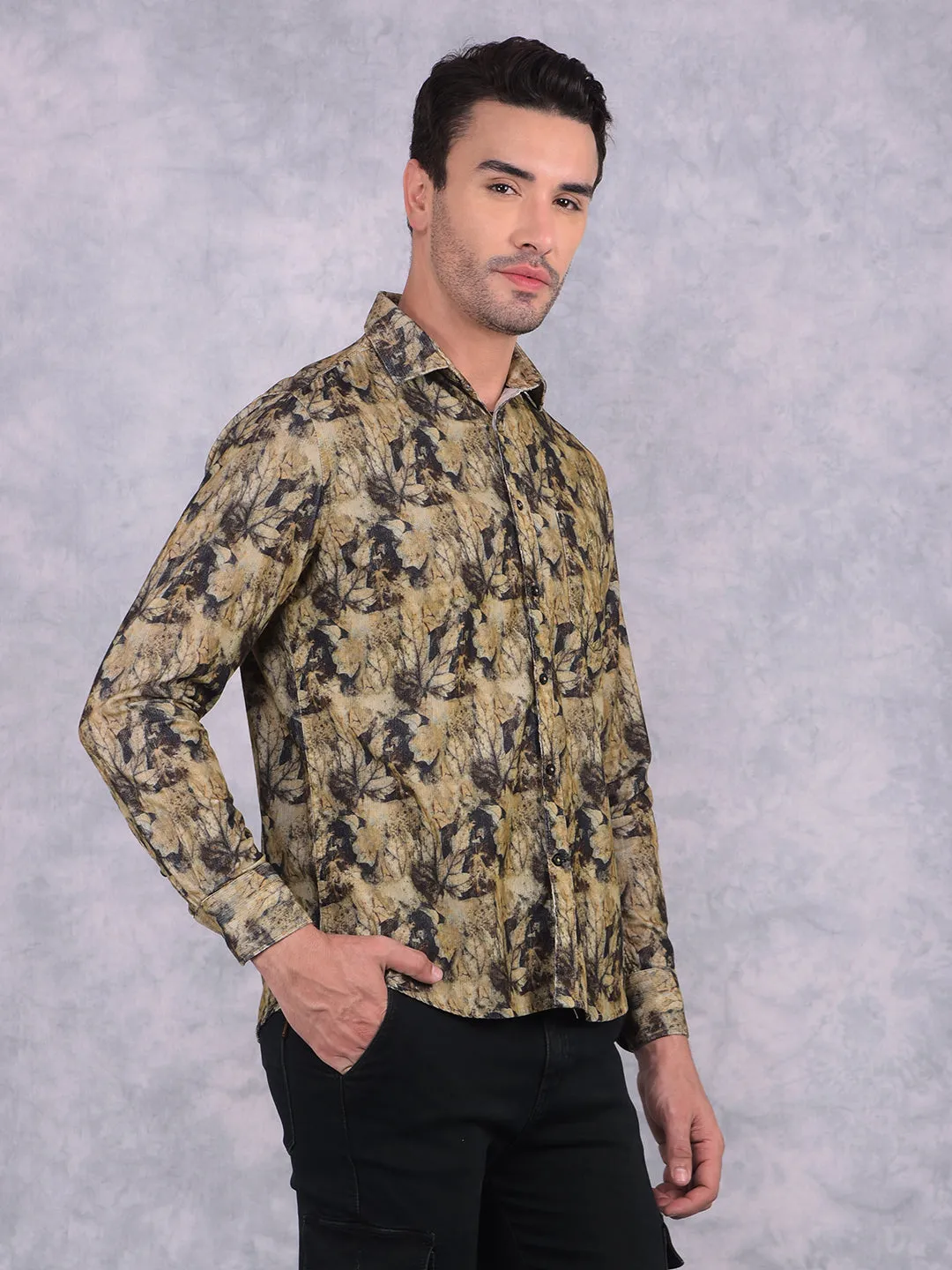 Brown Floral Print 100% Cotton Corduroy Shirt
