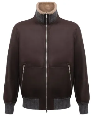 Brown Lambskin Leather and Shearling Bomber Jacket