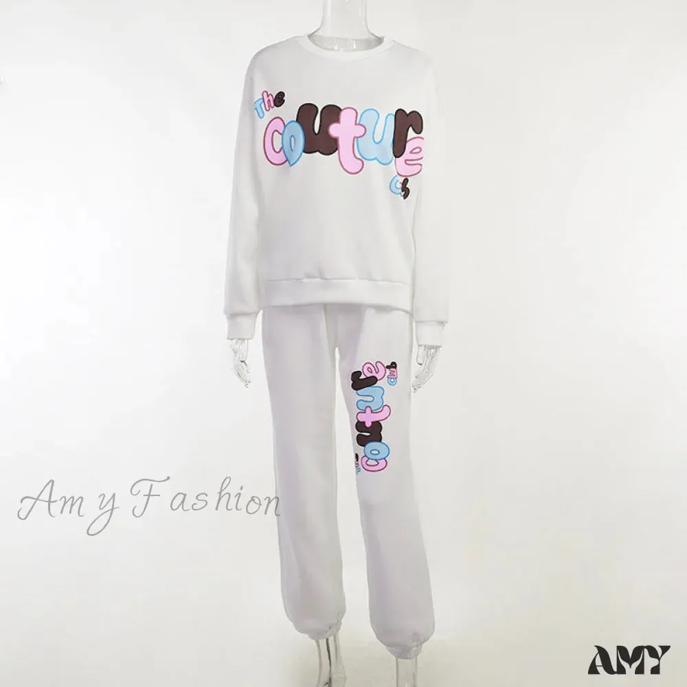Casual Stylish Letter Print Sweatshirt Pants Suit