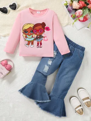 Children's Round Neck Graphic Top & Pants Set – Casual & Stylish