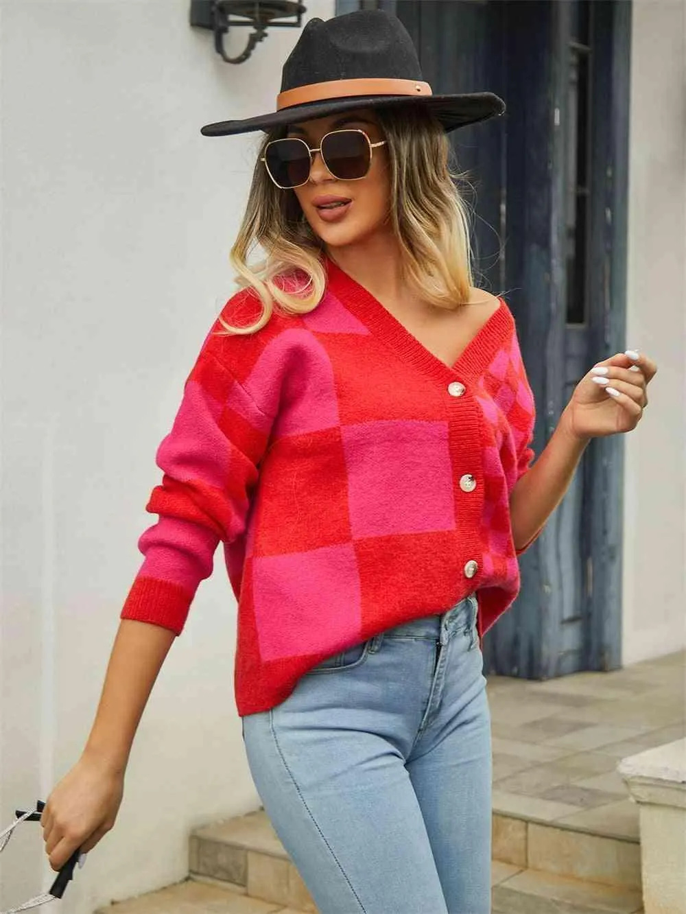Cold Season Zest V-Neck Checkered Cardigan