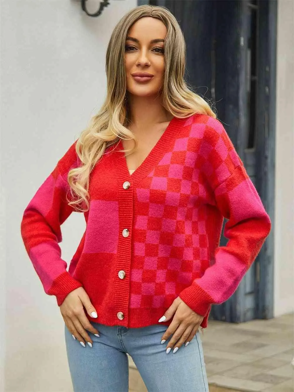 Cold Season Zest V-Neck Checkered Cardigan