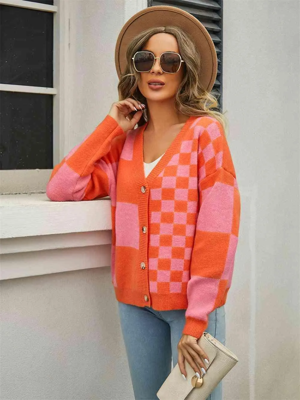 Cold Season Zest V-Neck Checkered Cardigan