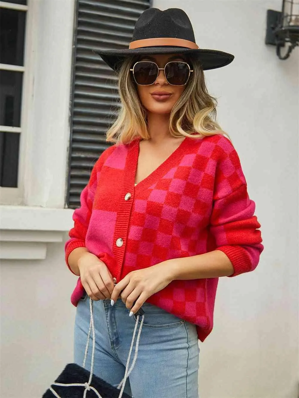 Cold Season Zest V-Neck Checkered Cardigan