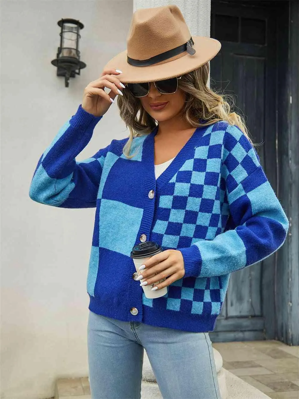 Cold Season Zest V-Neck Checkered Cardigan