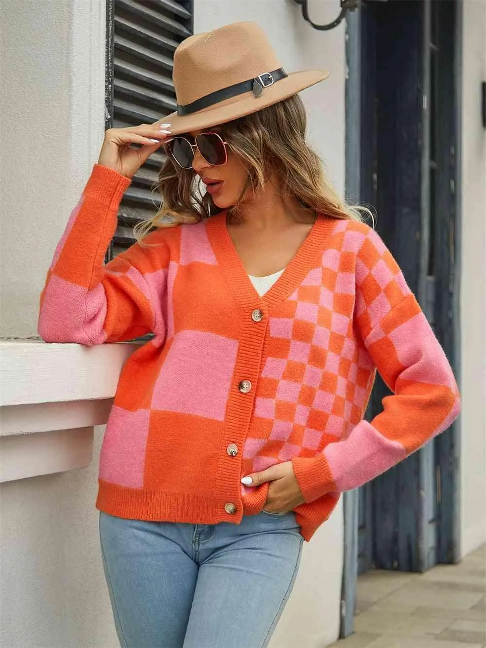 Cold Season Zest V-Neck Checkered Cardigan
