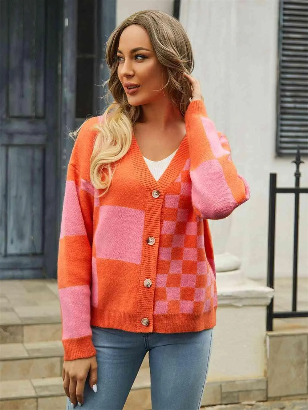Cold Season Zest V-Neck Checkered Cardigan