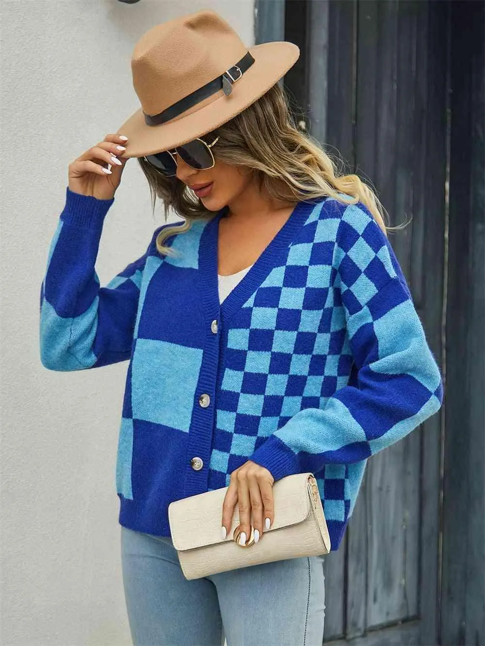 Cold Season Zest V-Neck Checkered Cardigan