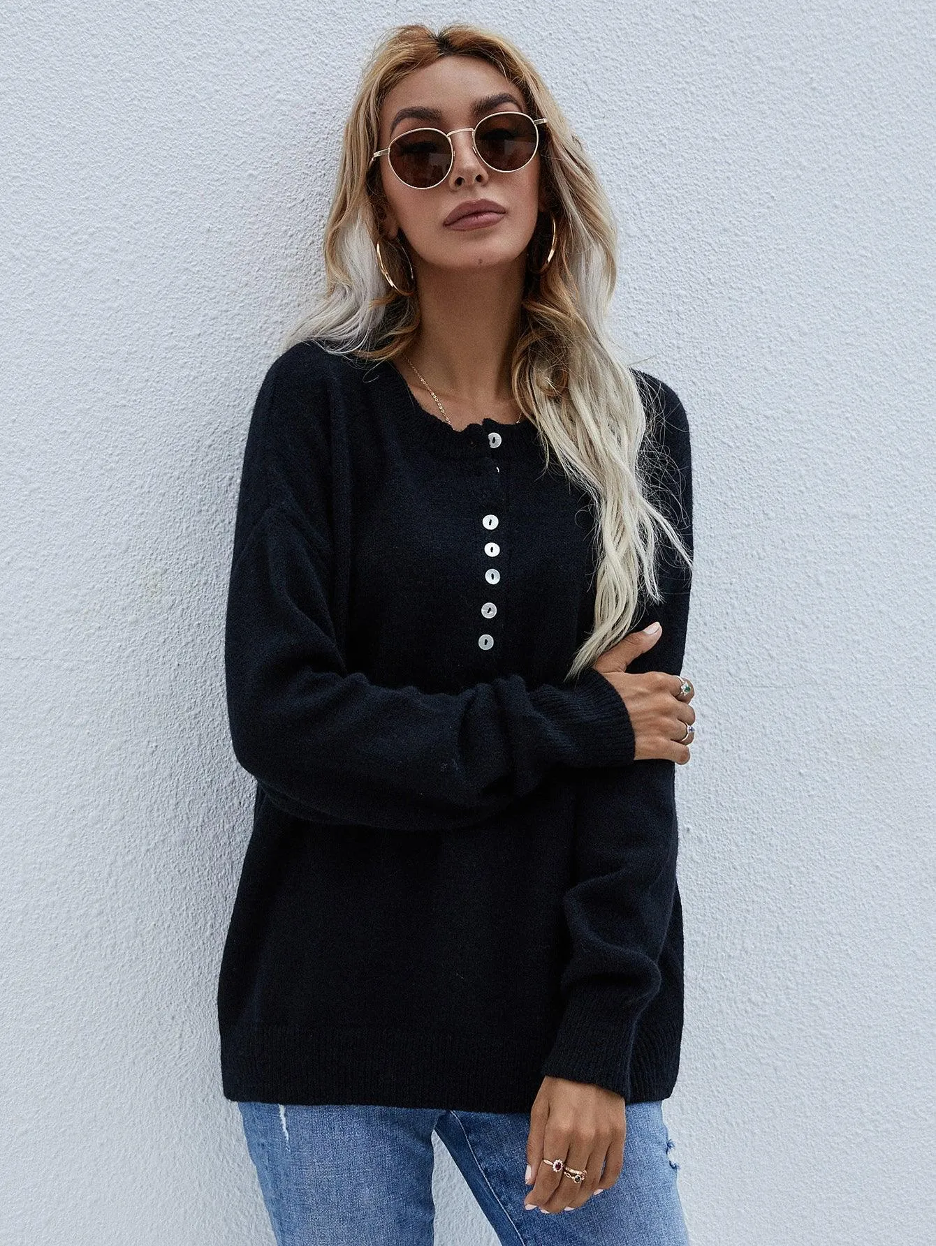 Confident Half Buttoned Henley Sweater