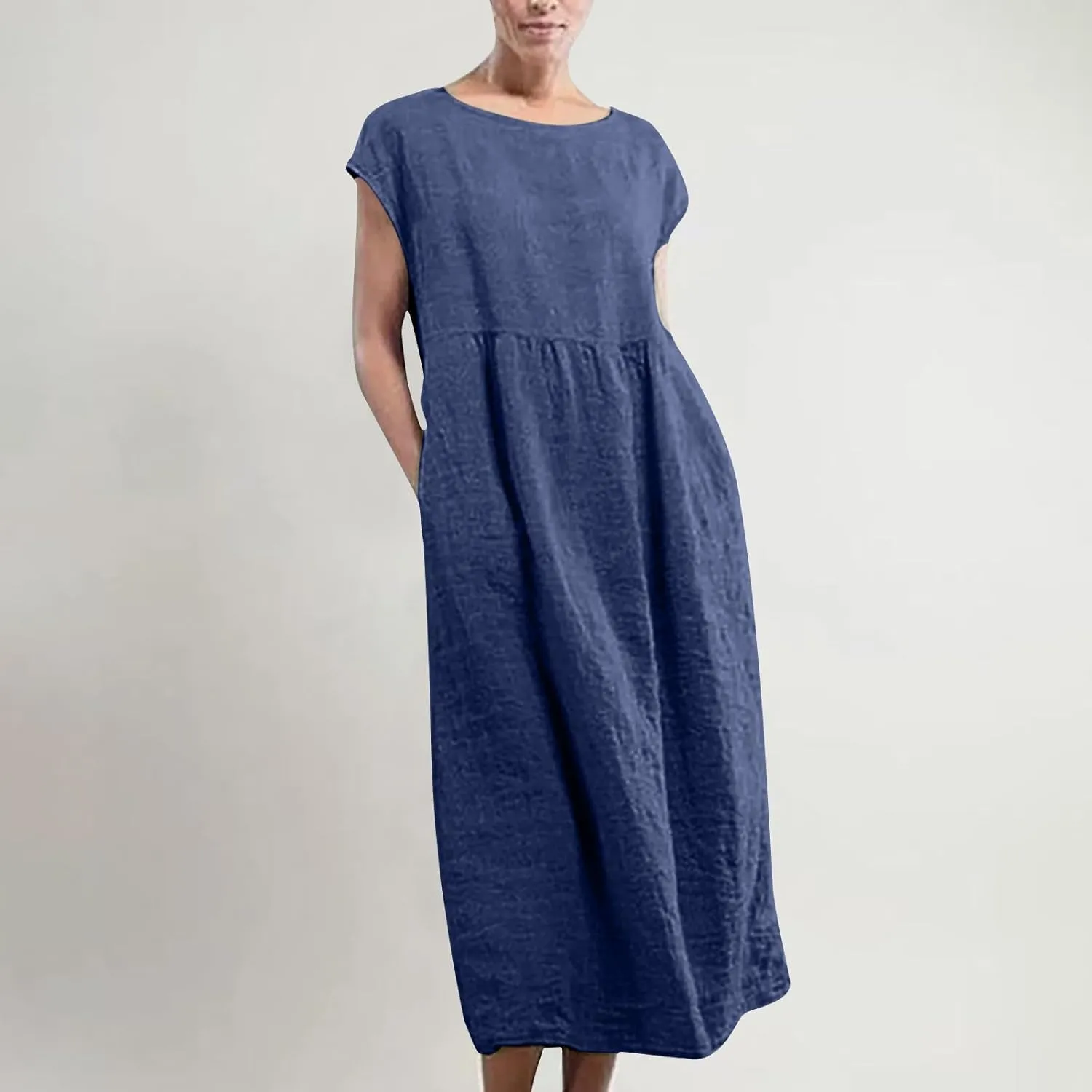 Cotton Linen Dresses for Women 2025 Summer Short Sleeve Crew Neck Midi Dress Casual Loose Comfy Plus Size Beach Dress