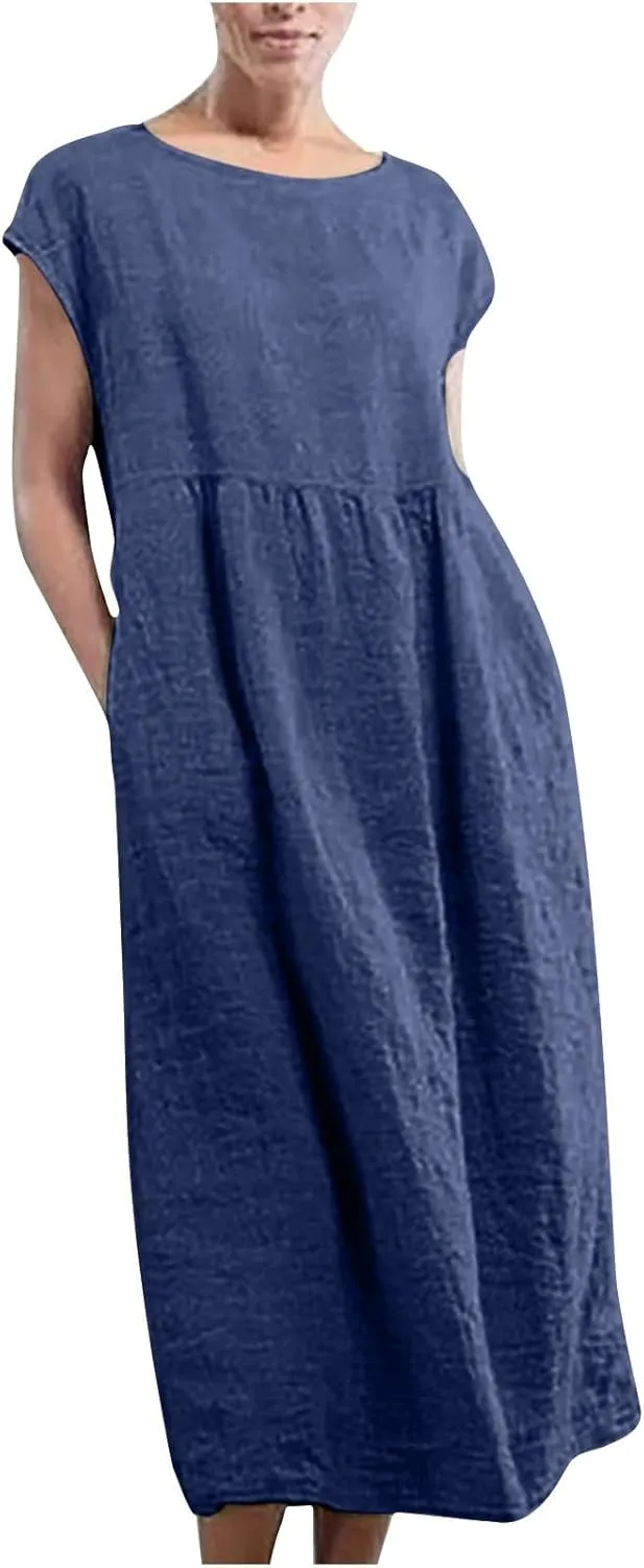 Cotton Linen Dresses for Women 2025 Summer Short Sleeve Crew Neck Midi Dress Casual Loose Comfy Plus Size Beach Dress