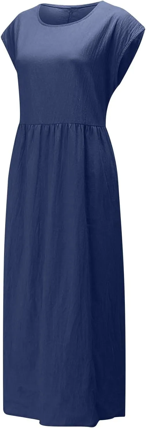 Cotton Linen Dresses for Women 2025 Summer Short Sleeve Crew Neck Midi Dress Casual Loose Comfy Plus Size Beach Dress