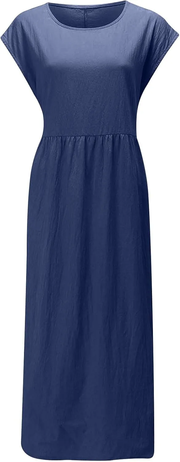 Cotton Linen Dresses for Women 2025 Summer Short Sleeve Crew Neck Midi Dress Casual Loose Comfy Plus Size Beach Dress