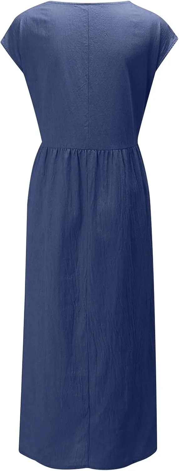 Cotton Linen Dresses for Women 2025 Summer Short Sleeve Crew Neck Midi Dress Casual Loose Comfy Plus Size Beach Dress