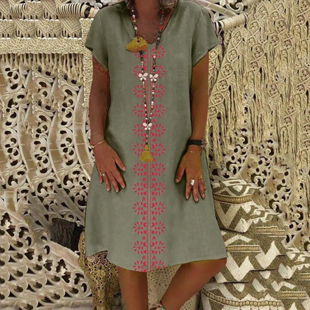 Dresses for Women 2024 Casual Cotton Linen Plus Size Midi Dress A Line V Neck Short Sleeve Printed Summer Dresses