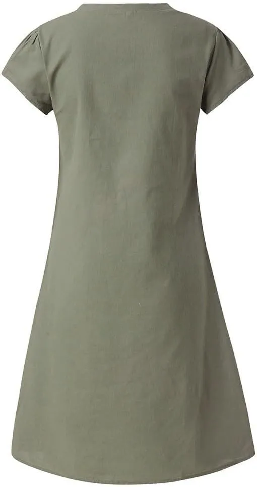 Dresses for Women 2024 Casual Cotton Linen Plus Size Midi Dress A Line V Neck Short Sleeve Printed Summer Dresses