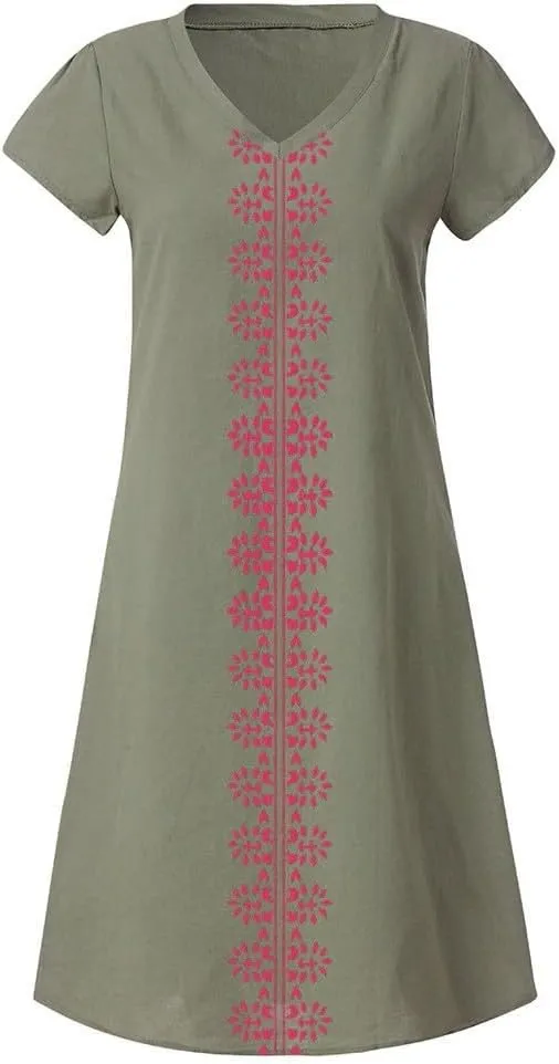 Dresses for Women 2024 Casual Cotton Linen Plus Size Midi Dress A Line V Neck Short Sleeve Printed Summer Dresses