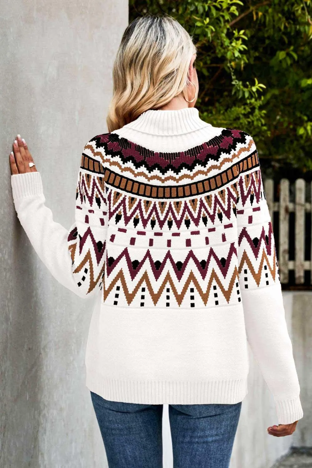 Ethnic Ribbed Trim Turtleneck Sweater
