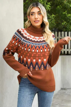 Ethnic Ribbed Trim Turtleneck Sweater