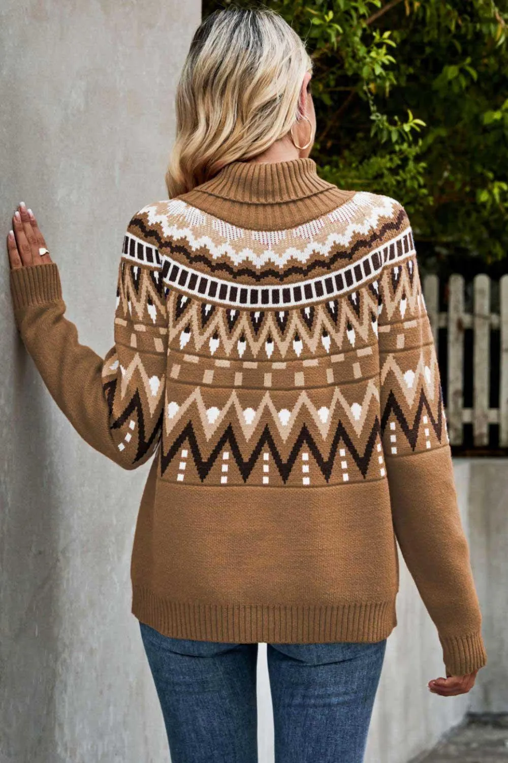 Ethnic Ribbed Trim Turtleneck Sweater