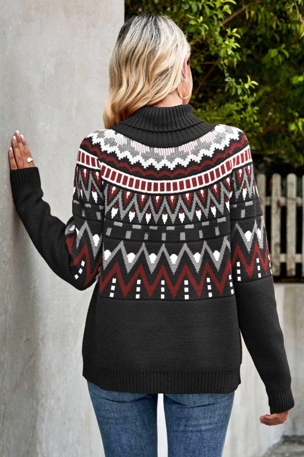 Ethnic Ribbed Trim Turtleneck Sweater