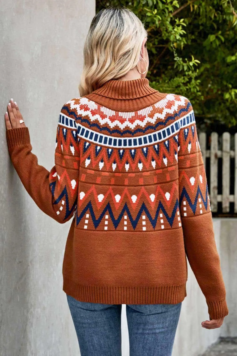 Ethnic Ribbed Trim Turtleneck Sweater