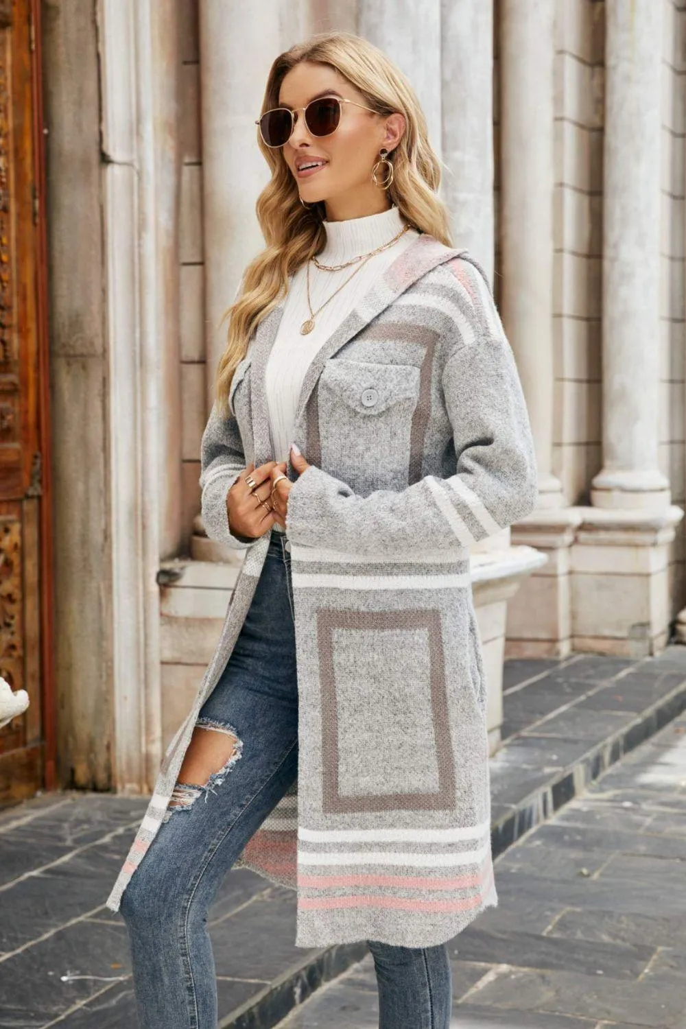 Extremely Good Printed Open Front Longline Hooded Cardigan