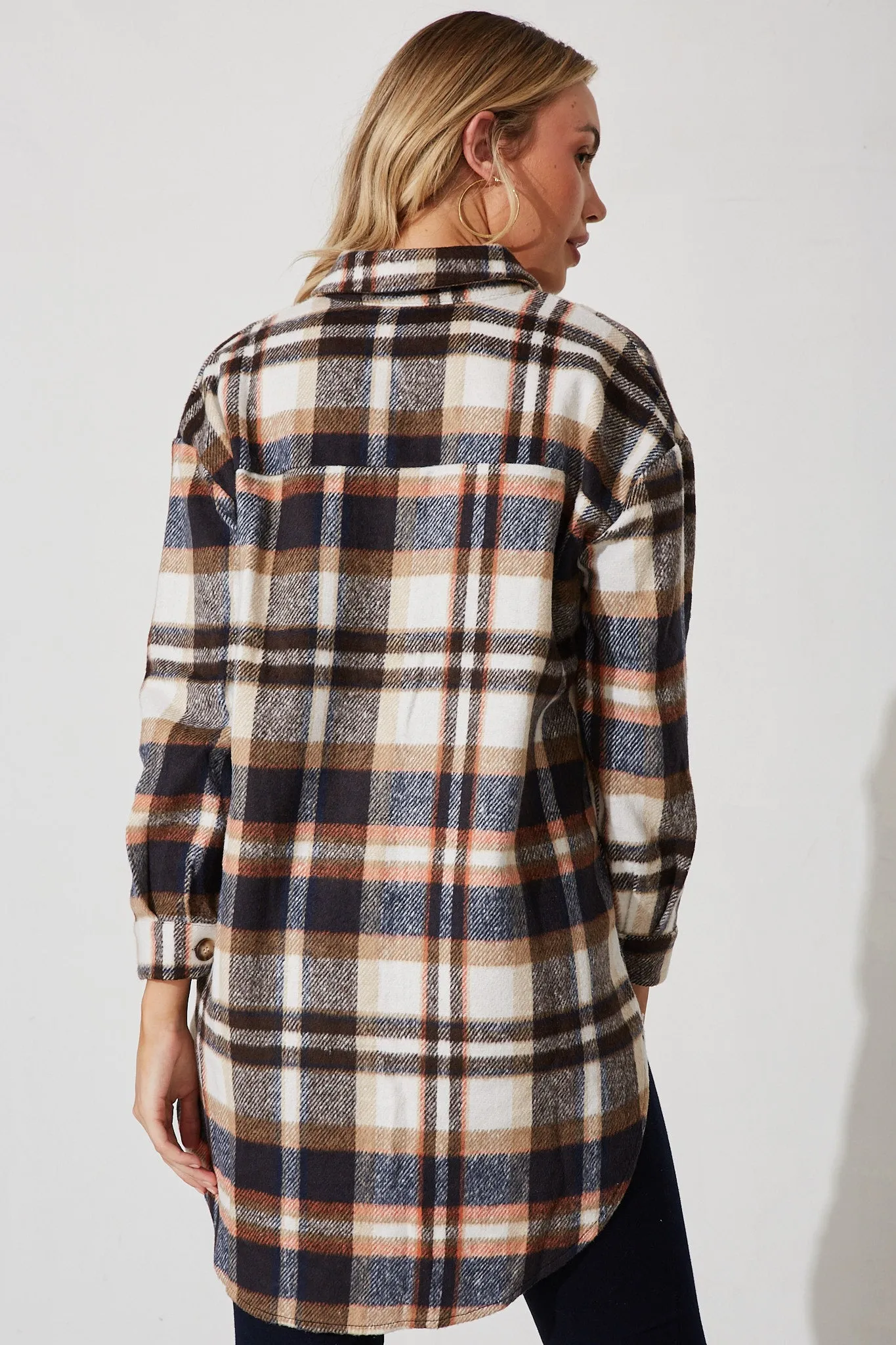 Falcon Shacket In Navy With Brown And Orange Check