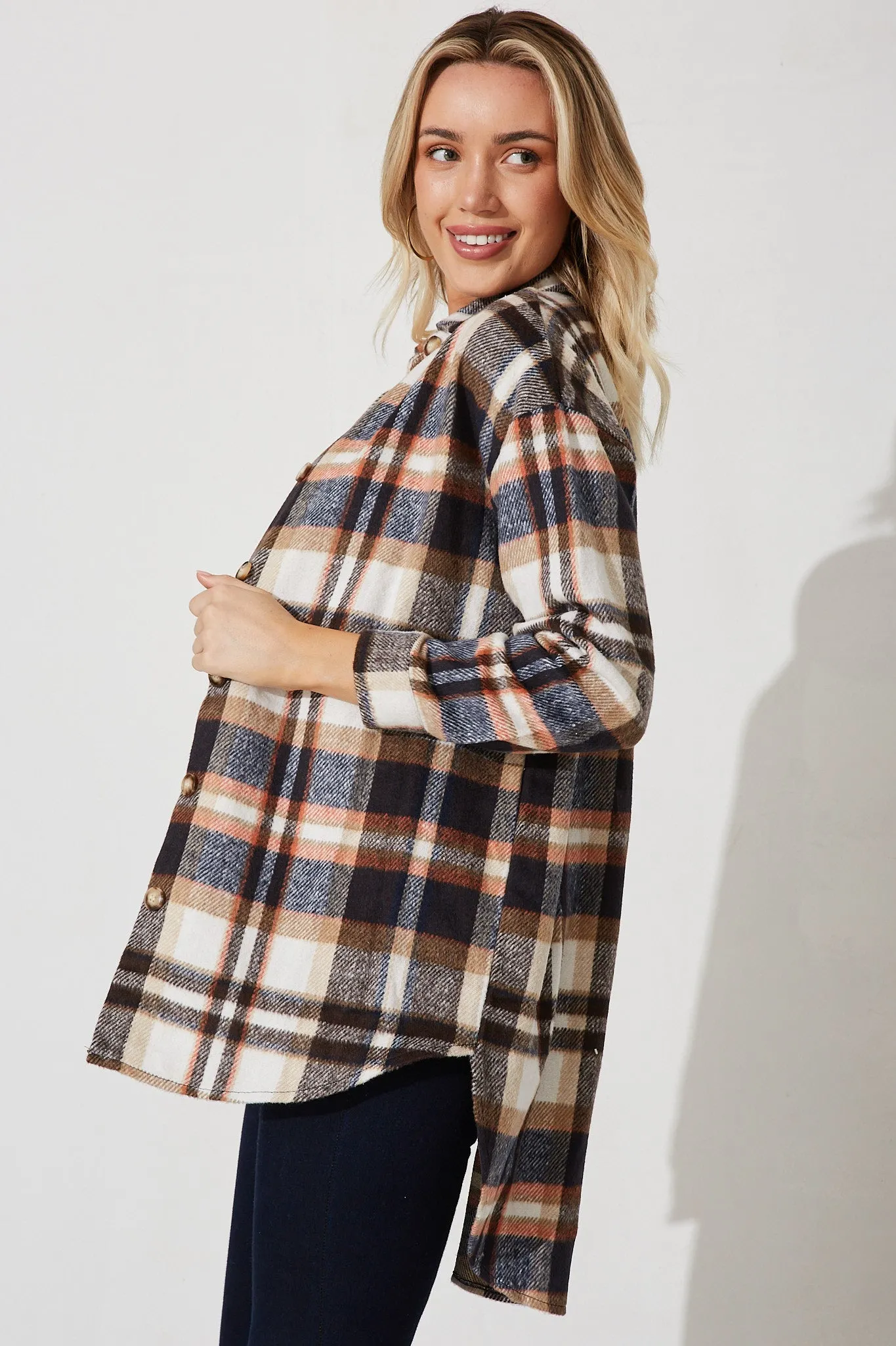Falcon Shacket In Navy With Brown And Orange Check